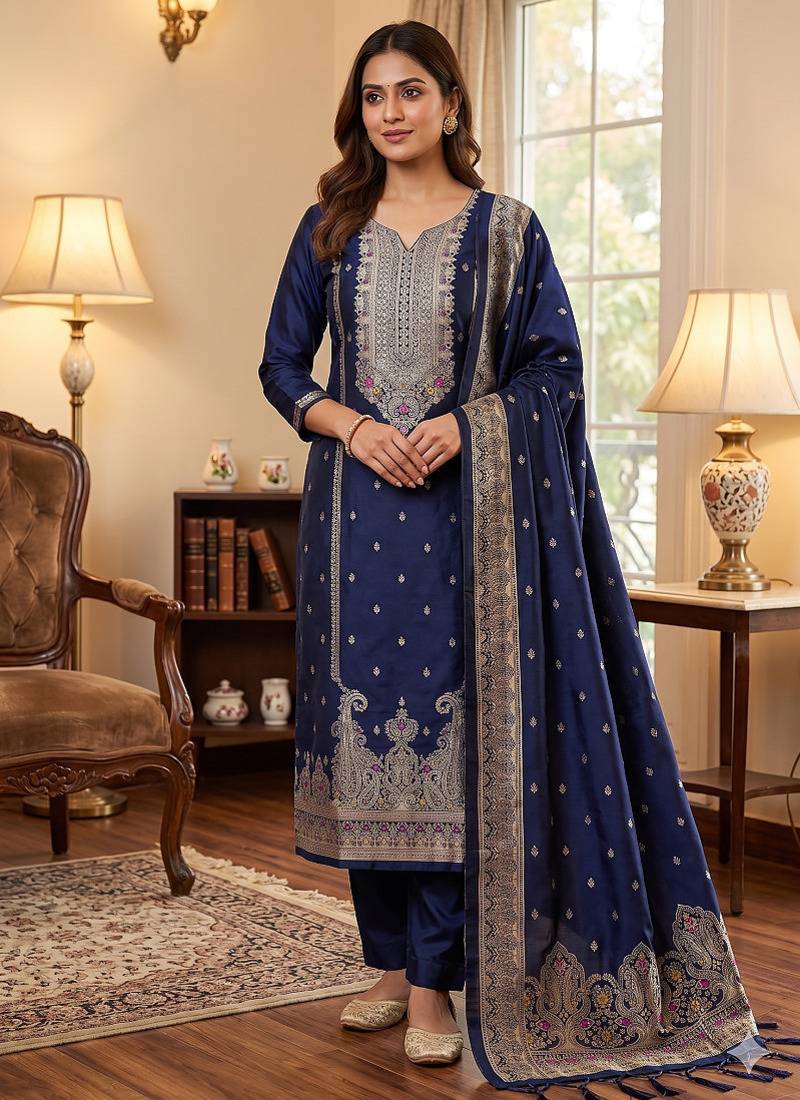 navyblue silk blend zari woven dress material