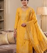 yellow silk blend zari woven dress material