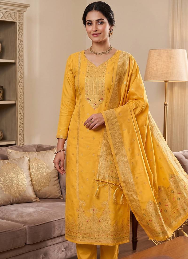 yellow silk blend zari woven dress material