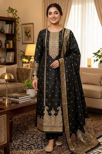 black silk blend zari woven dress material
