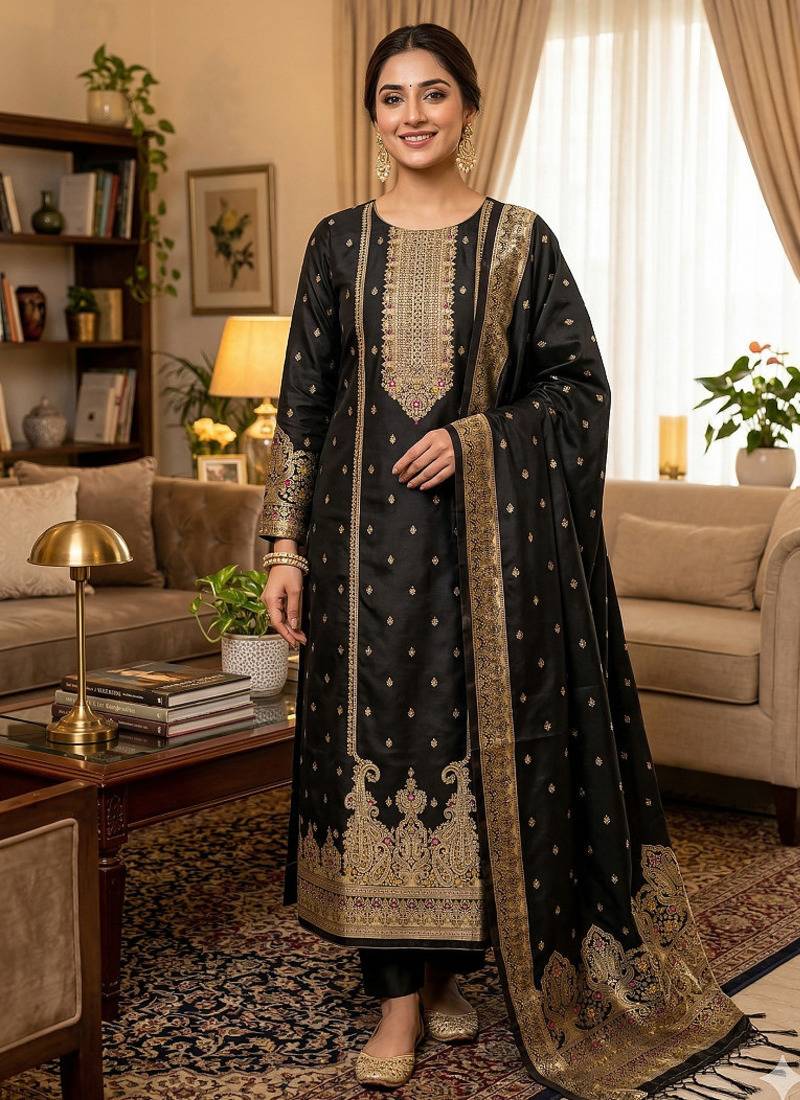 black silk blend zari woven dress material