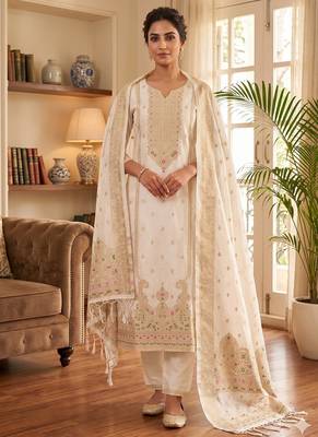 white silk blend zari woven dress material 1
