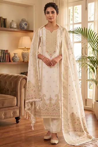 white silk blend zari woven dress material