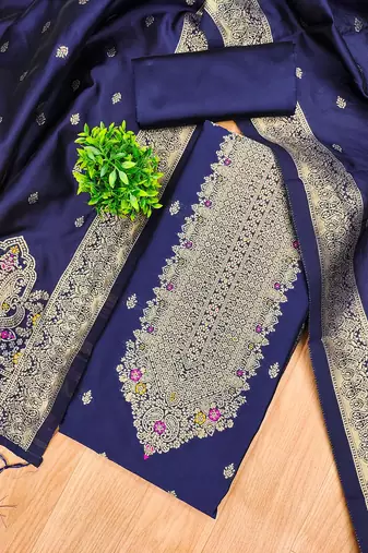 navyblue silk blend zari woven dress material