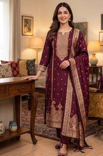 maroon silk blend zari woven dress material