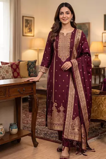 maroon silk blend zari woven dress material