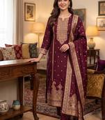 maroon silk blend zari woven dress material