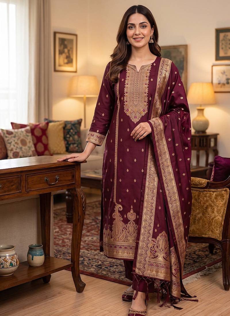 maroon silk blend zari woven dress material
