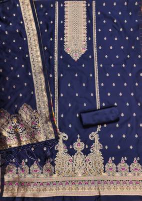 navyblue silk blend zari woven dress material 3