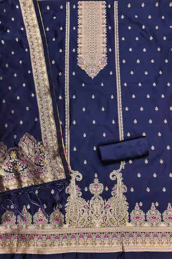 navyblue silk blend zari woven dress material