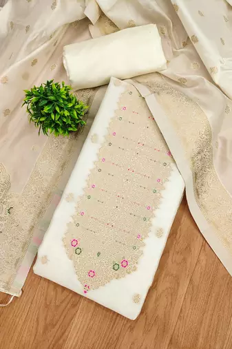 white silk blend zari woven dress material