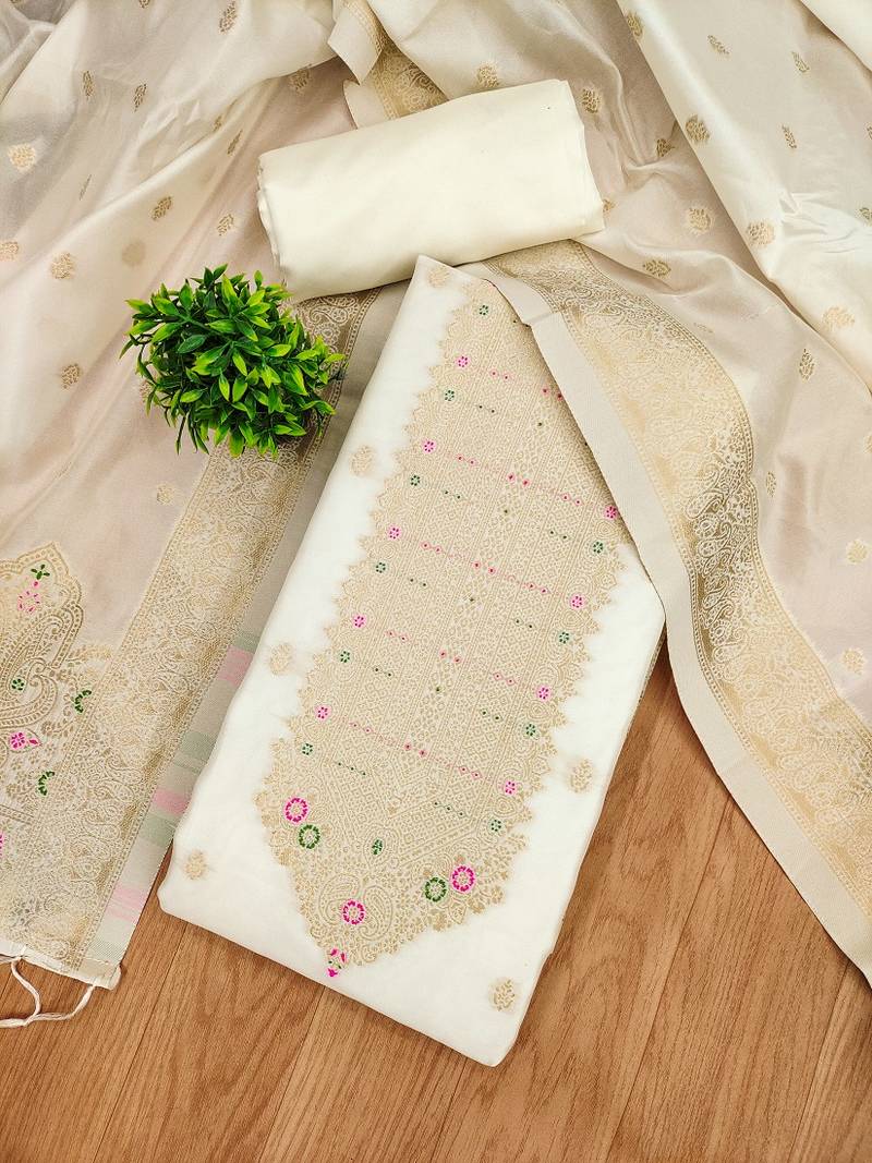 white silk blend zari woven dress material
