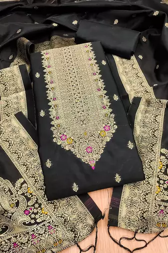 black silk blend zari woven dress material