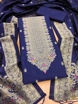 navyblue silk blend zari woven dress material 4