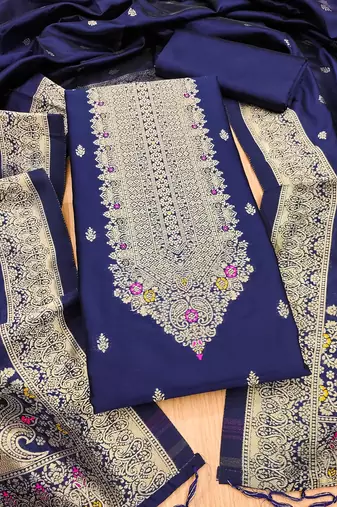 navyblue silk blend zari woven dress material