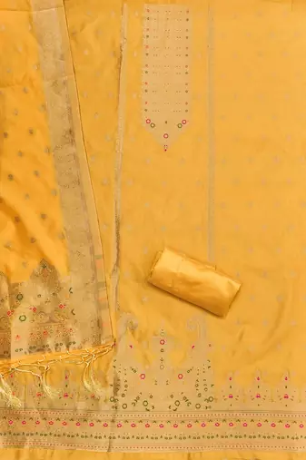 yellow silk blend zari woven dress material