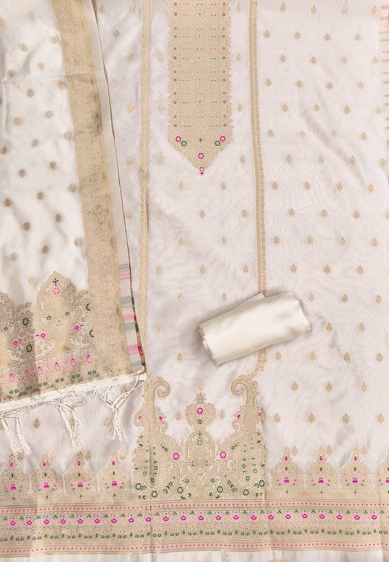 white silk blend zari woven dress material