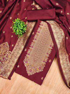 maroon silk blend zari woven dress material 2