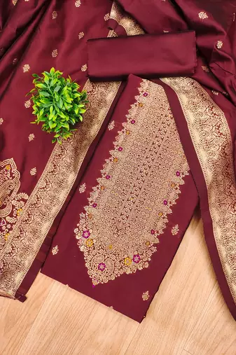maroon silk blend zari woven dress material