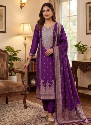 purple silk blend zari woven dress material 1