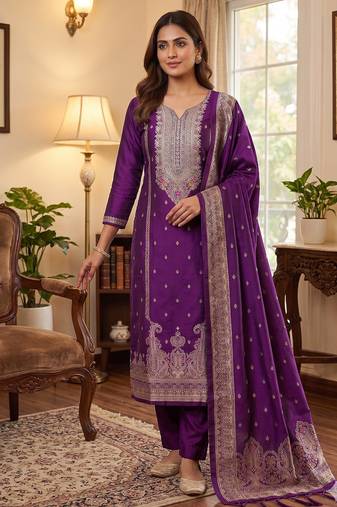 purple silk blend zari woven dress material