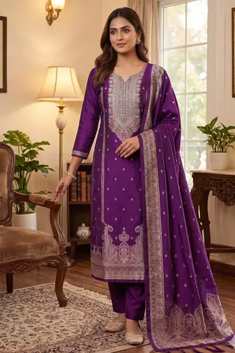 purple silk blend zari woven dress material