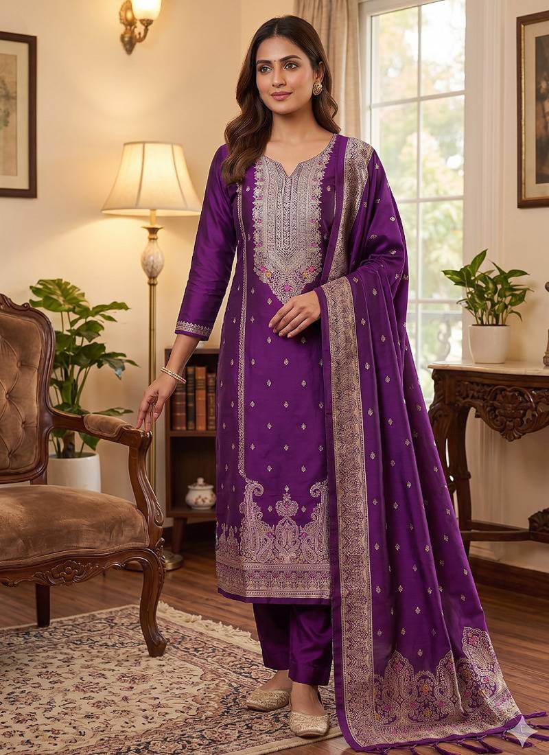 purple silk blend zari woven dress material