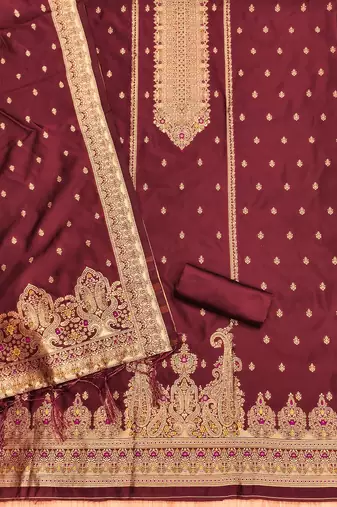 maroon silk blend zari woven dress material