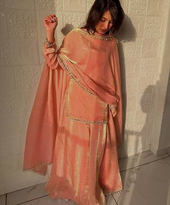 Peach mirror work readymade suit 1
