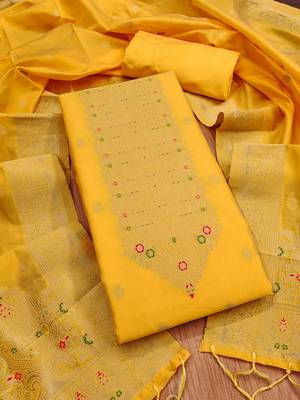 yellow silk blend zari woven dress material 4