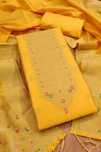 yellow silk blend zari woven dress material