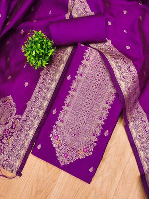 purple silk blend zari woven dress material 2