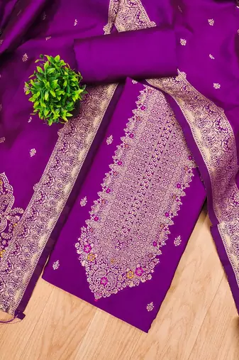 purple silk blend zari woven dress material
