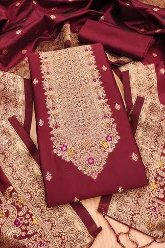 maroon silk blend zari woven dress material