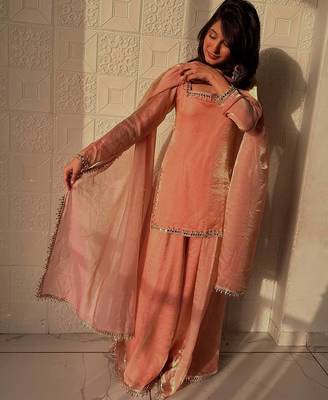 Peach mirror work readymade suit 3
