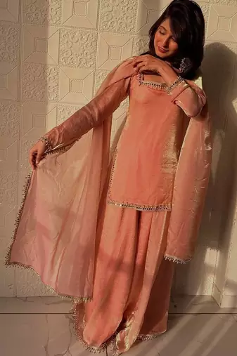 Peach mirror work readymade suit