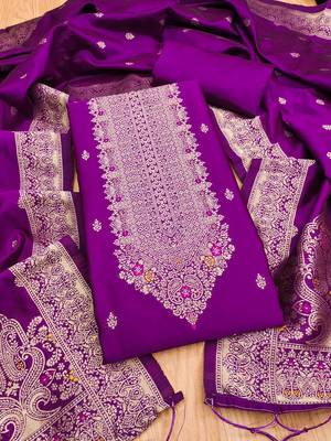 purple silk blend zari woven dress material 4