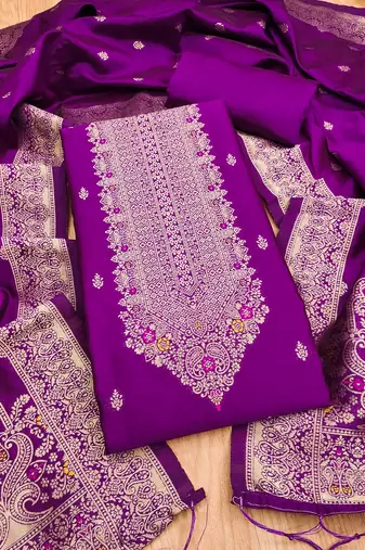 purple silk blend zari woven dress material