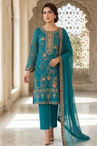 Teal blue silk blend embroidered salwaar kameez set