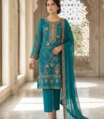 Teal blue silk blend embroidered salwaar kameez set