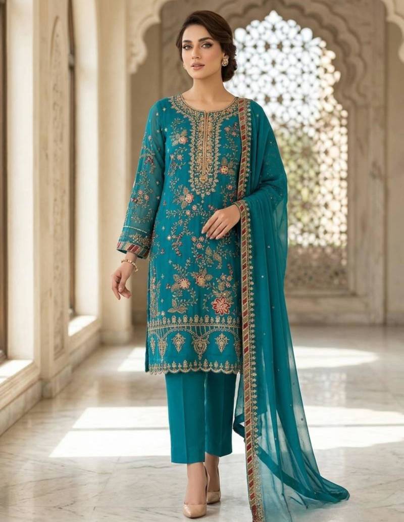 Teal blue silk blend embroidered salwaar kameez set