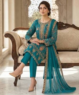 Teal blue silk blend embroidered salwaar kameez set 2
