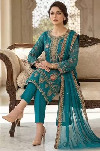 Teal blue silk blend embroidered salwaar kameez set