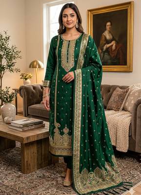 green silk blend zari woven dress material 1