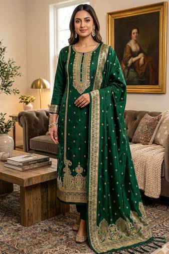 green silk blend zari woven dress material