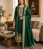 green silk blend zari woven dress material