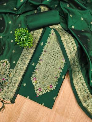 green silk blend zari woven dress material 2