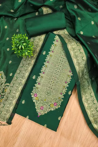 green silk blend zari woven dress material