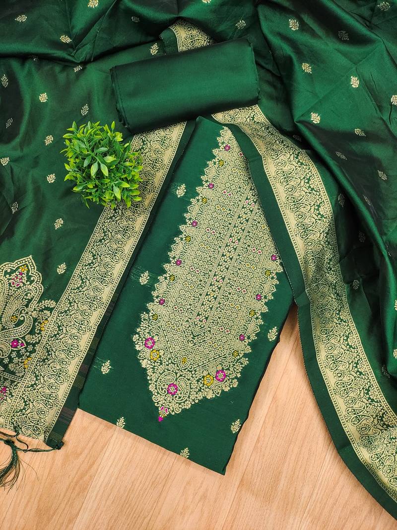 green silk blend zari woven dress material