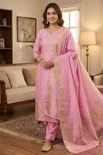 pink silk blend zari woven dress material